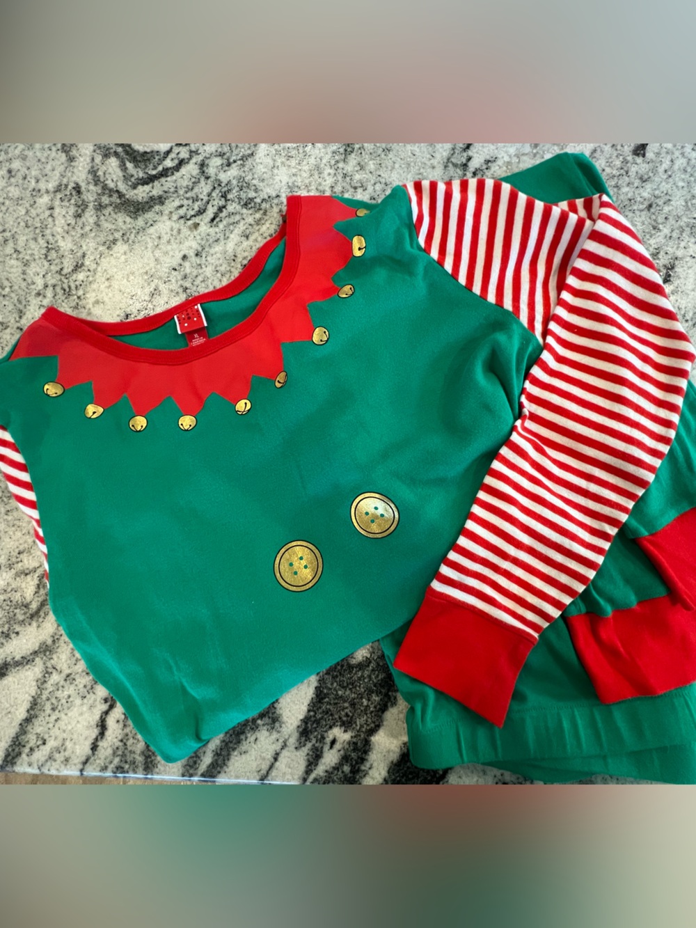 2Pc Adult Elf 💚PJ Set -Green with Red & Metallic Gold Accents / Costume